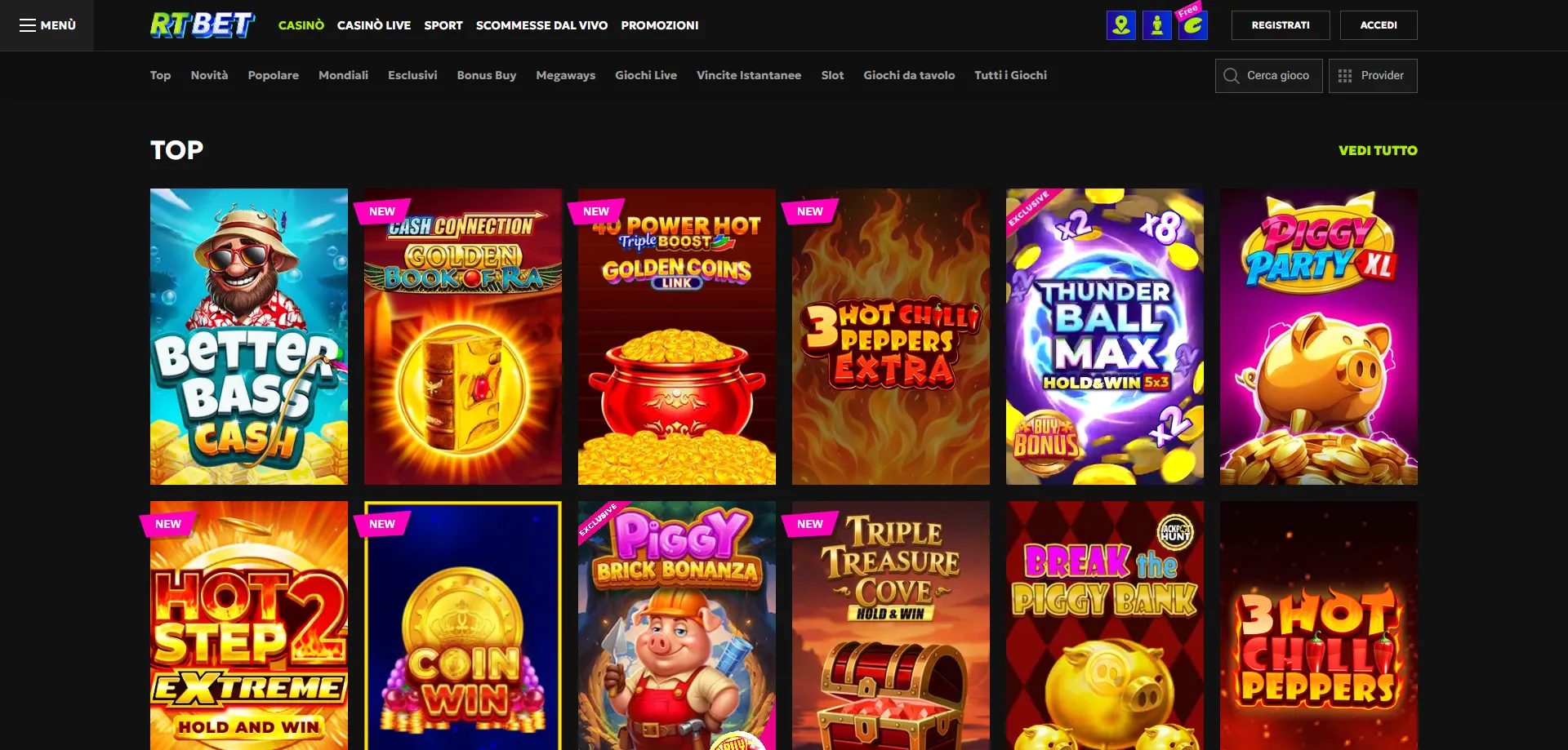 RTbet Casino slot machine catalogo con RTP e modalità demo gratis